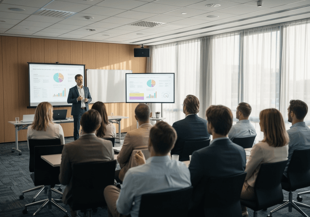 A speaker is giving a presentation to a seated audience in a modern conference room. The screen behind the speaker displays 'Jam Session' and 'Founder University'.