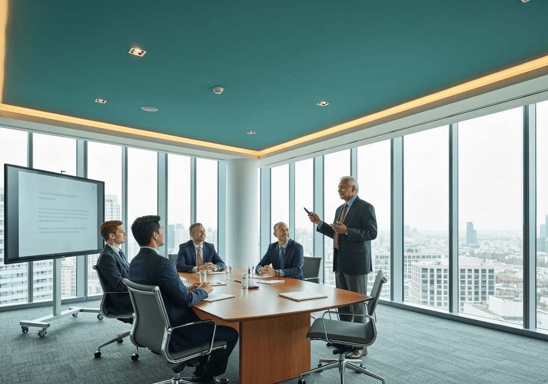 A business presentation taking place in a modern conference room with large windows showing a city skyline. A man is standing near a large screen displaying the words 'Prove you can LAUNCH' with an audience of four people seated around a wooden table.